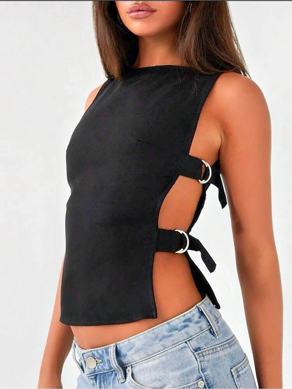 Shein Buckle Strap Top Black